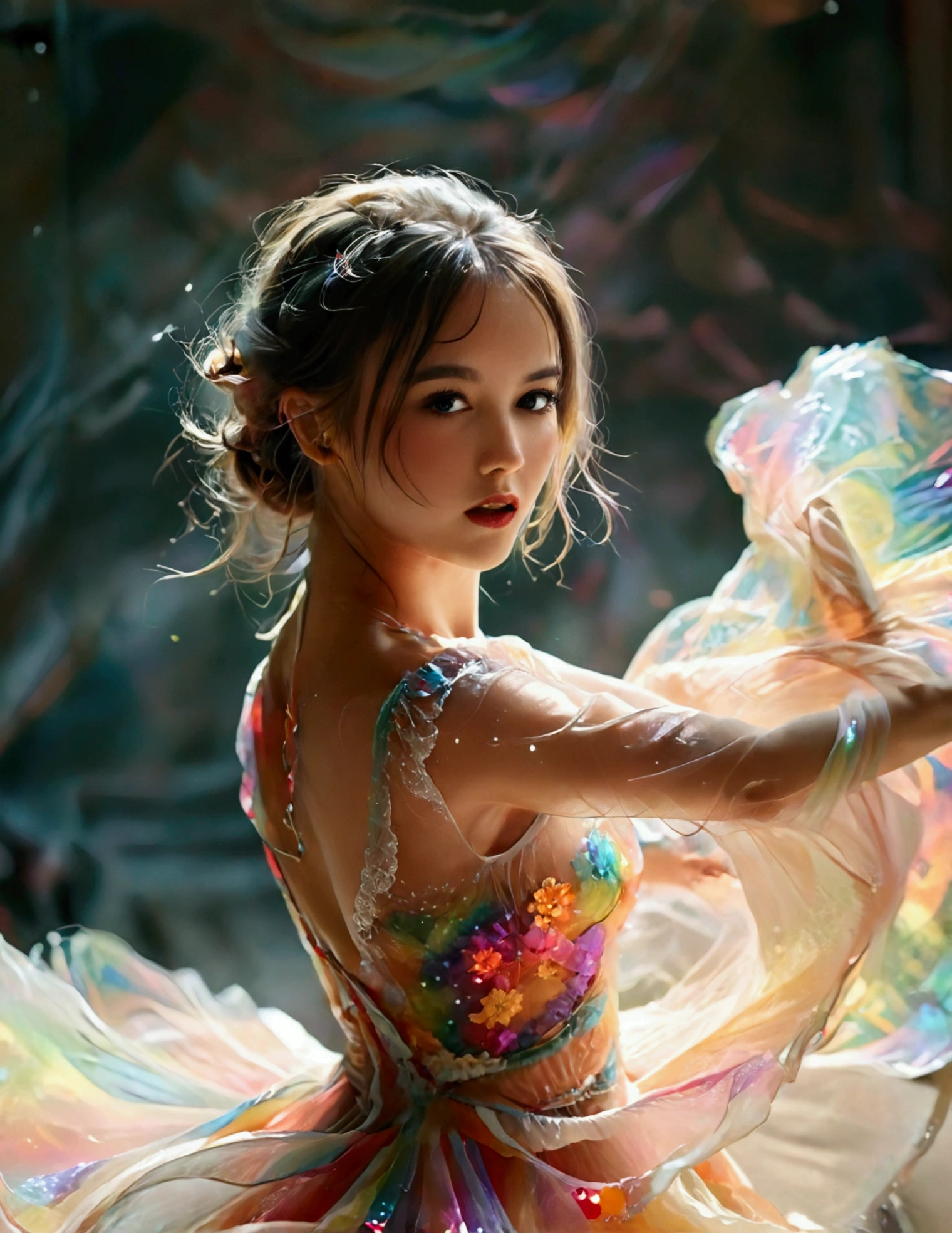 A dynamic portrait captures a ballet dancer mid-leap, frozen in a breathtaking moment of grace and elegance. The subject's graceful pose and flowing costume are highlighted by dynamic lighting and particle effects. The photography style resembles an ethereal watercolor painting, emphasizing fluidity and beauty. Camera parameters: Nikon Z6, f/1.4 aperture, ISO 320, shutter speed 1/500