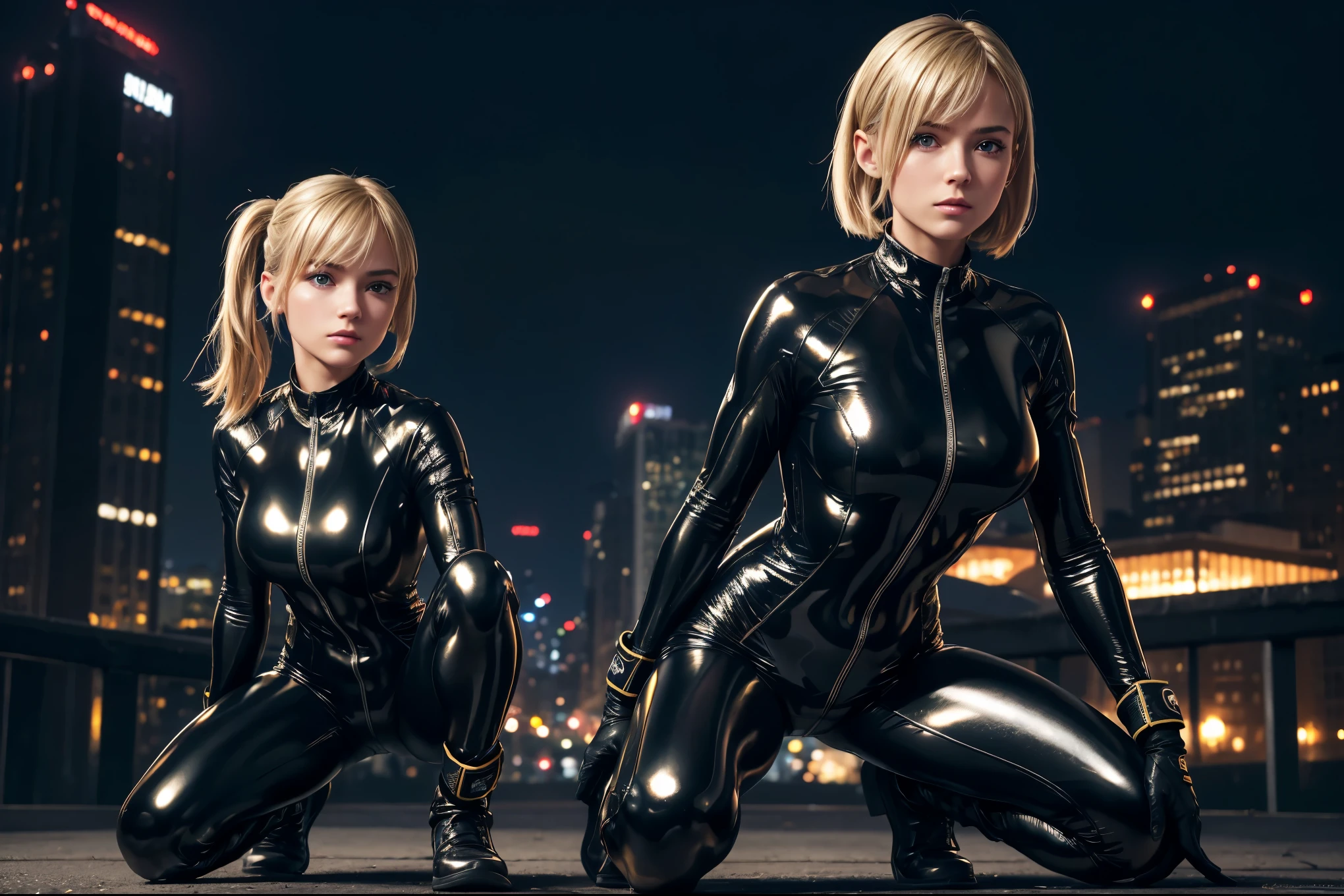 (best quality,4K,8k,high resolution,masterpiece:1.2),Ultra-detailed,(realistic,photorealistic,photo-realistic:1.37), RUSSIAN female fighter with slim physique and small face, cute, 2 girls, 18 years old, Kneeling pose, BLONDE LONG BOB CUT with ponytails hair, shiny black tight-fitting combat latex suit with enamel finish, tight suit, gloves, Steel city background, night lighting