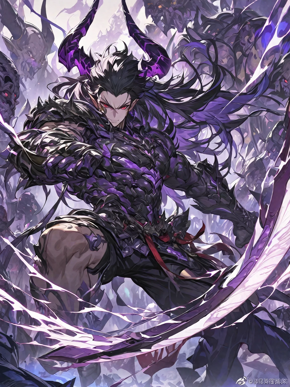 Best quality 8K resolution, Highly detailed, Digital Painting, Concept art, of the highest quality, One, beautiful, 1 man, adult man, with a sporty body, V-shaped body, he is in a fighting pose, He’s in dark complex large-child armor with sharp angular designs luminous purple accents emanating from the armor slots, black demonic horns, long hair, black hair, purple with red eye tones, a man has a huge and long sword in his hand, Against the background of 100 corpses