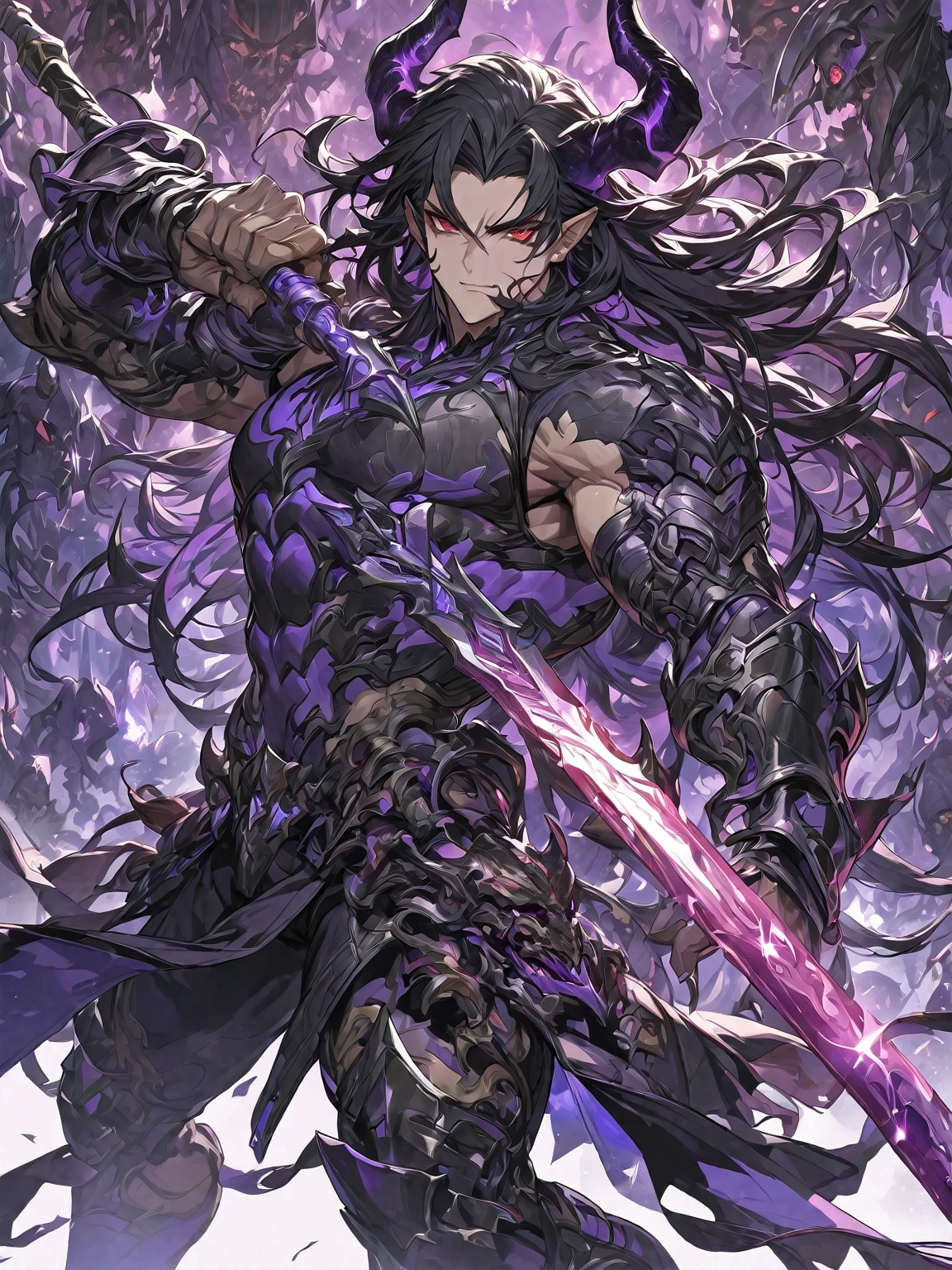 Best quality 8K resolution, Highly detailed, Digital Painting, Concept art, of the highest quality, One, beautiful, 1 man, adult man, with a sporty body, V-shaped body, he is in a fighting pose, He’s in dark complex large-child armor with sharp angular designs luminous purple accents emanating from the armor slots, black demonic horns, long hair, black hair, purple with red eye tones, a man has a huge and long sword in his hand, Against the background of 100 corpses