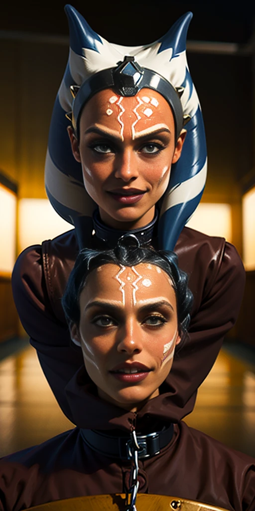 Latex ahsoka lustful smirking smile red blush red cheeks, chain leash, hands behind the head, kneeling, shackles, leather black collar slave, 2 high ponytails , orgasm_face cum