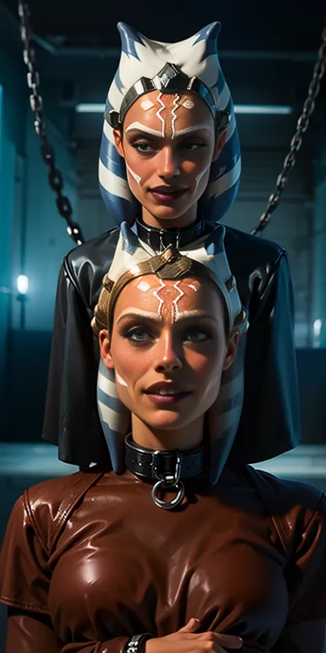 latex ahsoka lustful smirking smile red blush red cheeks, chain leash, hands behind the head, kneeling, shackles, leather black ...