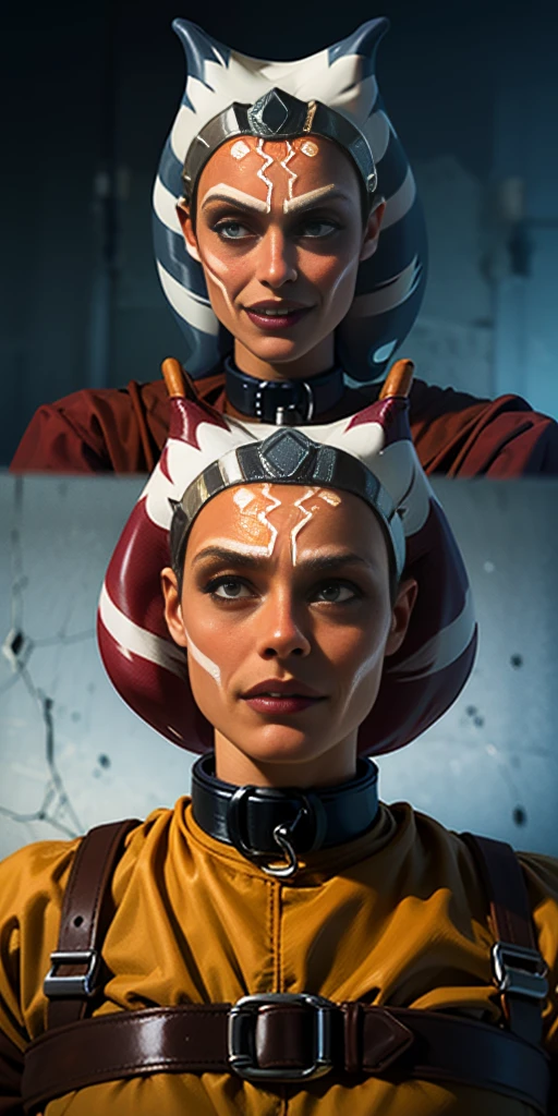 Latex ahsoka lustful smirking smile red blush red cheeks, chain leash, hands behind the head, kneeling, shackles, leather black collar slave, 2 high ponytails , orgasm_face cum