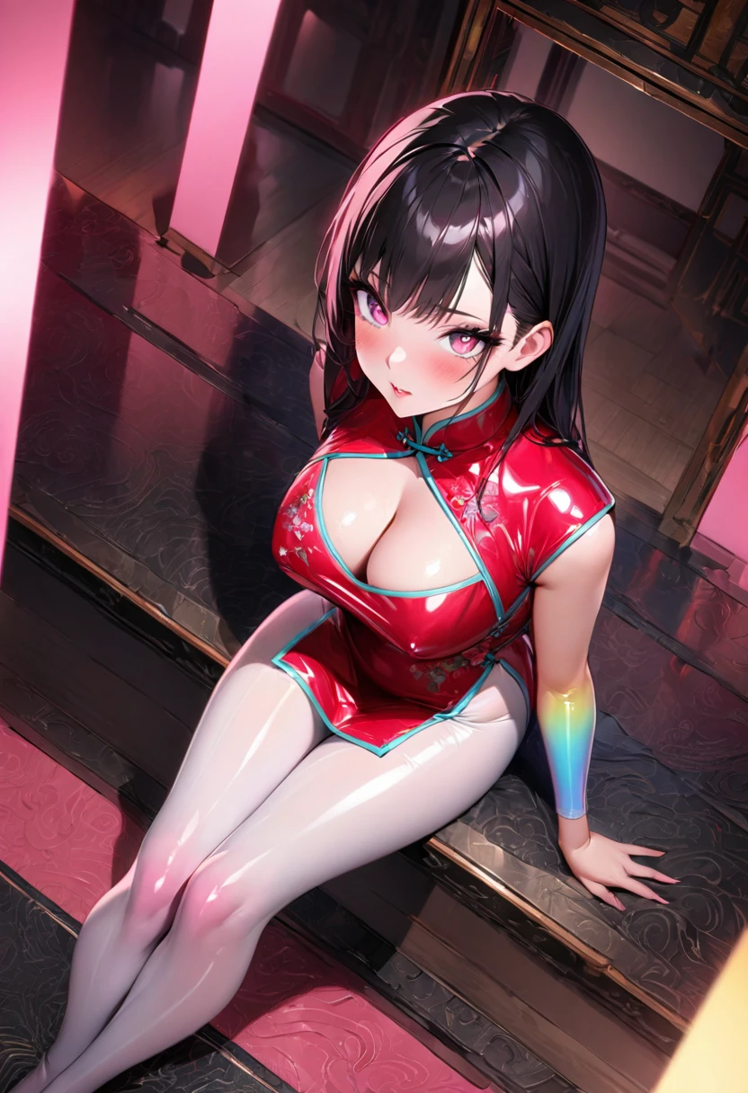 Young beautiful woman,(Highest quality,Extremely detailed depiction,Incredibly absurd high resolution,Anatomically accurate depiction,Curvy Legs),(Glowing Skin,Shiny skin),((Cheongsam made of strong shiny latex fabric)),Rainbow gradient sleeves,Intricate and gorgeous embroidery,White pantyhose,accessories,See-through,eyelash,eye shadow,Glowing pink eyes,There is cleavage in the chest,Glossy Lips,Shadowed face,A seductive smile,whole body,blush,forward leaning posture,background:Chinese-style mansion at night,Pink light,From above:1.1,
