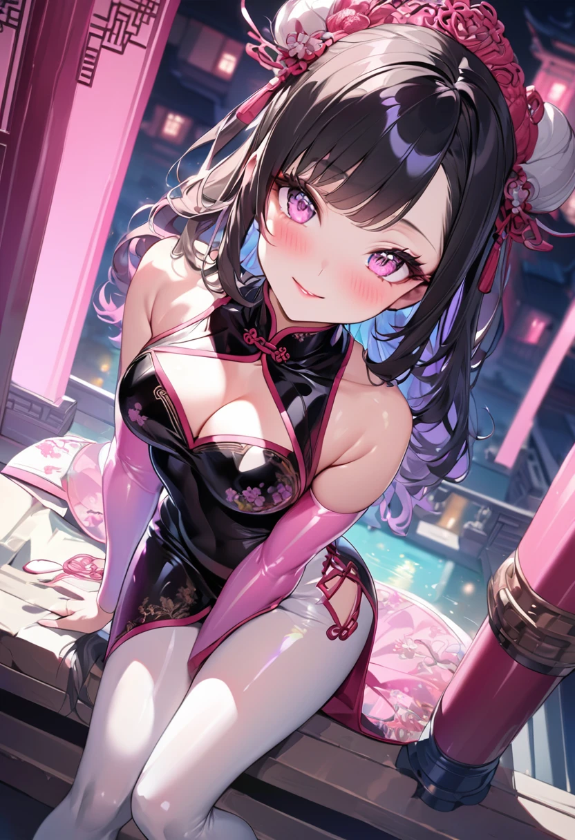 Young beautiful woman,(Highest quality,Extremely detailed depiction,Incredibly absurd high resolution,Anatomically accurate depiction,Curvy Legs),(Glowing Skin,Shiny skin),((Cheongsam made of strong shiny latex fabric)),Rainbow gradient sleeves,Intricate and gorgeous embroidery,White pantyhose,accessories,See-through,eyelash,eye shadow,Glowing pink eyes,There is cleavage in the chest,Glossy Lips,Shadowed face,A seductive smile,whole body,blush,forward leaning posture,background:Chinese-style mansion at night,Pink light,From above:1.1,