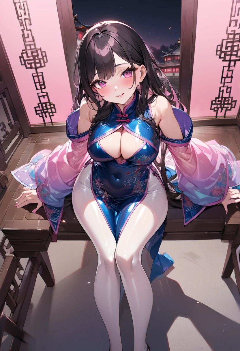 Young beautiful woman,(Highest quality,Extremely detailed depiction,Incredibly absurd high resolution,Anatomically accurate depiction,Curvy Legs),(Glowing Skin,Shiny skin),((Cheongsam made of strong shiny latex fabric)),Rainbow gradient sleeves,Intricate and gorgeous embroidery,White pantyhose,accessories,See-through,eyelash,eye shadow,Glowing pink eyes,There is cleavage in the chest,Glossy Lips,Shadowed face,A seductive smile,whole body,blush,forward leaning posture,background:Chinese-style mansion at night,Pink light,From above:1.1,