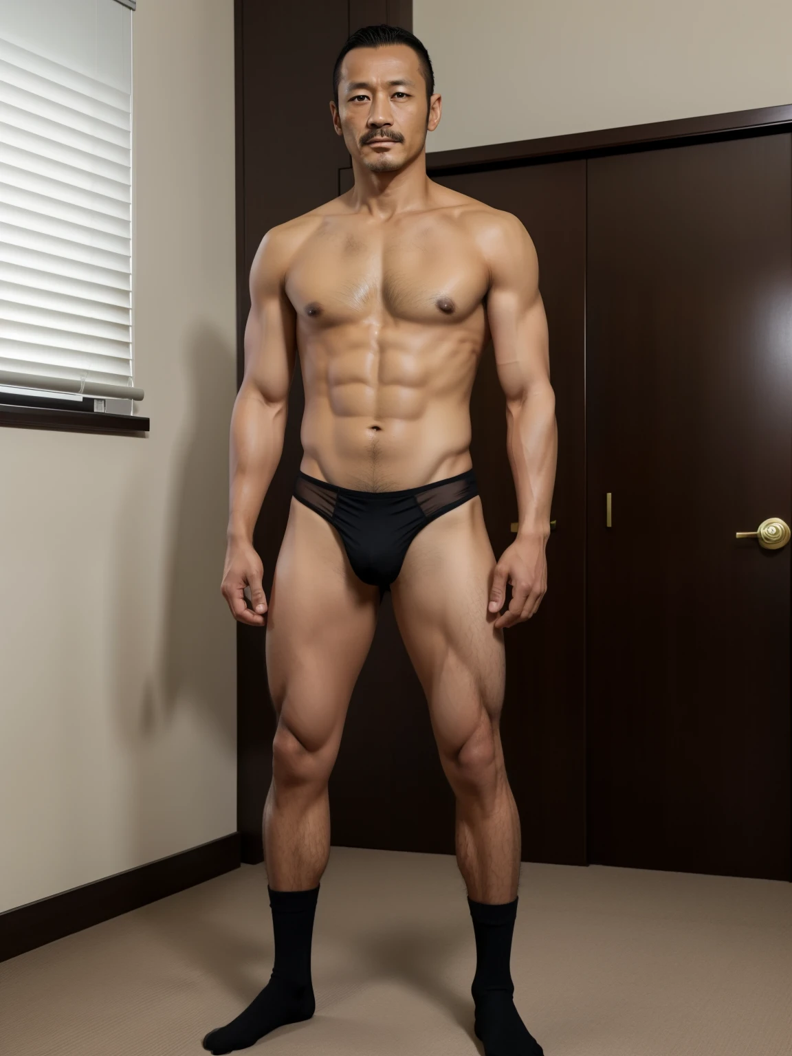 40 years old，Hidetoshi Nakata，（Kogoro Mori 1.3），Two skinny muscular men standing，whole body，Black socks，Thick body hair，Black lingerie，Topless，Densely hairy，Fortitude，HD，With a mustache