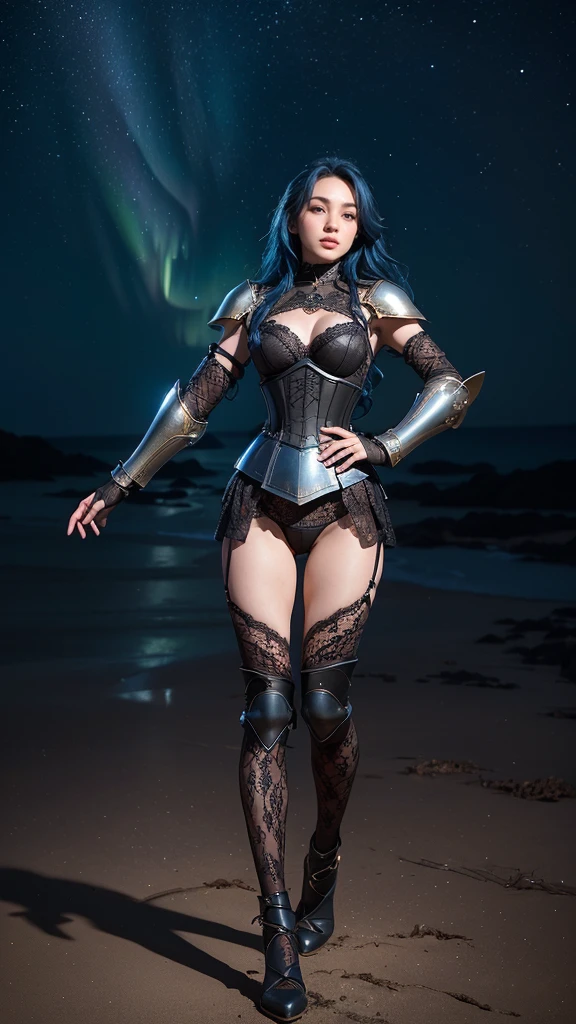 Masterpiece, best quality, awards winning photograph, 1girl, (black lace underwear:1.3), ((armor corset)), (black lace bra:1.3), extremely beautiful, fit body, full makeups, blue eyes, ((legs armor:1.3)), ((full hands armor:1.3)), ((gold hands armor)), wavy hair, ((blue hair)), extreme details, crisp picture, ((model posing in the middle)), symmetrical pose, (full body portrait:1.3), front view, small breasts, (perfect anatomy), volumetric lights, octane rendering, night at beach, full of stars, aurora borealis, shooting stars, backlight, from below,