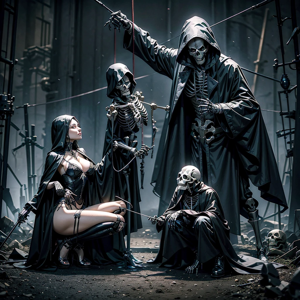 A grim reaper maneuvers a skeleton with strings like a marionette, behind the grim reaper an undead sexy woman on her knees who extends her hand imploringly towards him