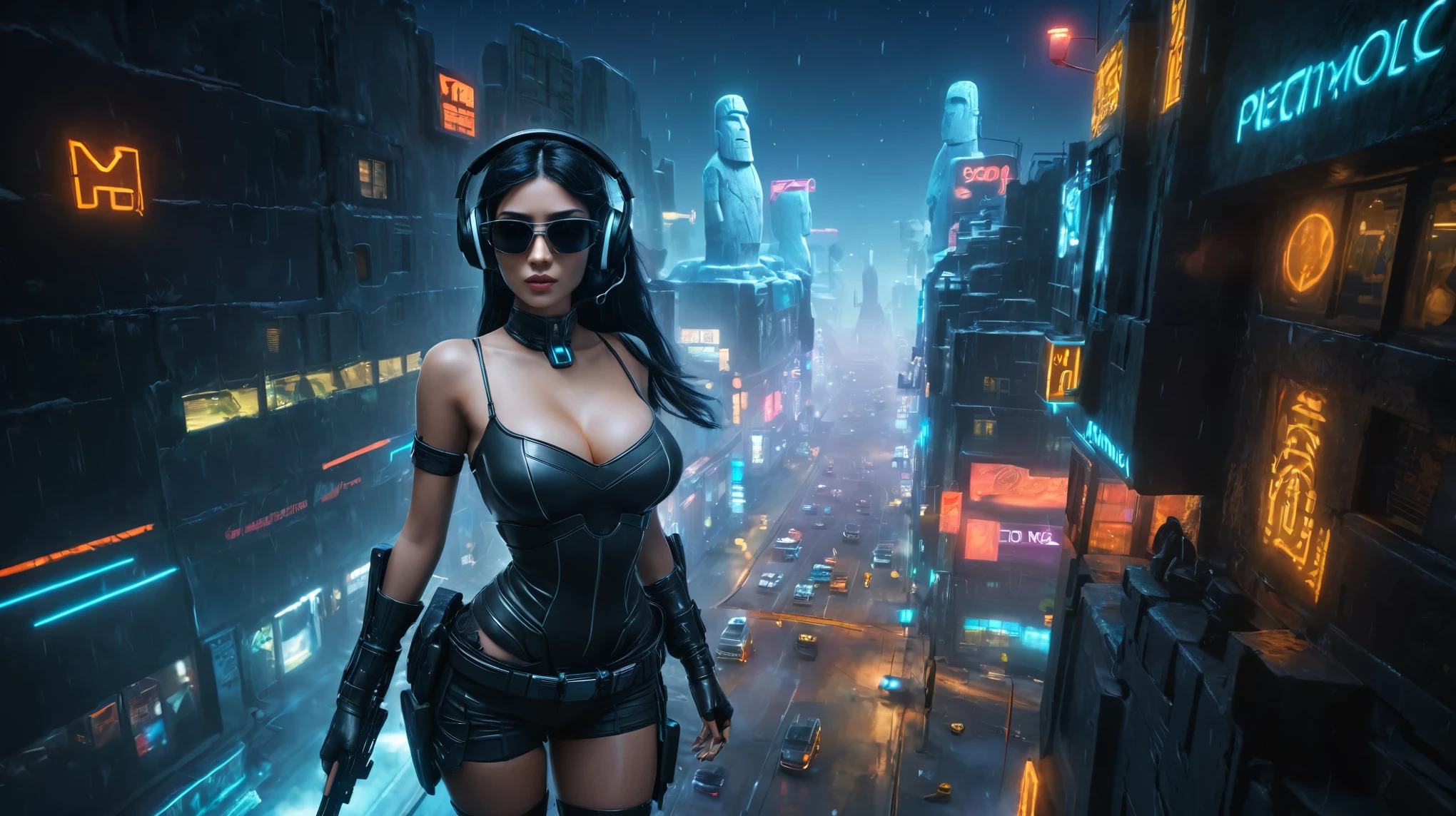 At night, dark sky, distant shot aerial view of fantasy cyberpunk style ice ((Moai-statue)) city, ((flying vehicle)). ((1girl, solo, alone)), medium-breast:1.1 slim body, cleavage, sexy clothes, (headphone, black sunglasses, long black realistic hair), (((hip-up standing and holding pistol))), half-body thigh level medium shot, cinematic lighting.