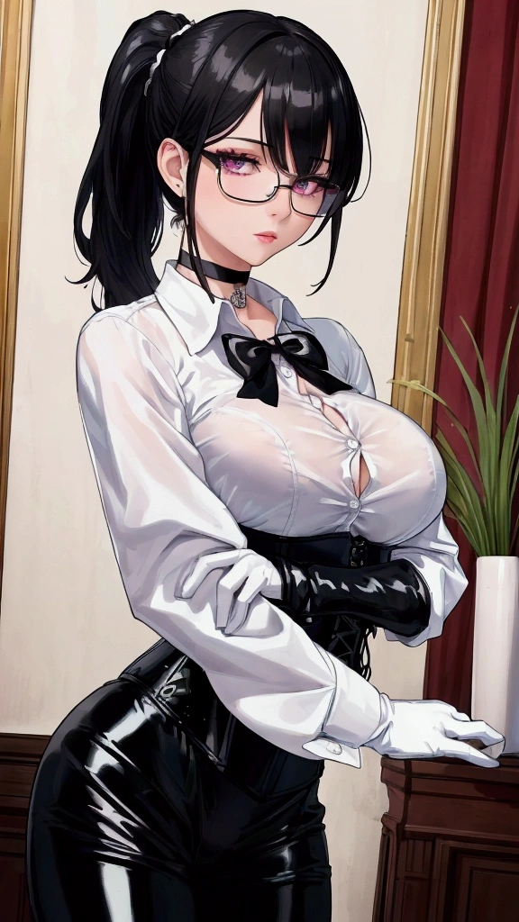 Masterpiece, Beautiful art, professional artist, 8k, Very detailed face, Detailed clothing, detailed fabric, 1 girl, View from the front, standing, crossed arms, pose , BIG BREASTS, perfectly drawn body, shy expression, pale skin, beautiful face, black hair short ponytail, 4k eyes, very detailed eyes, pink cheeks, glasses, choker:1.6, (white long sleeve button down shirt with white collar), black gloves, gloves that cover hands, (black leather corset), (shiny black leggings), Sensual Lips, show details in the eyes, Elegant living room, At night