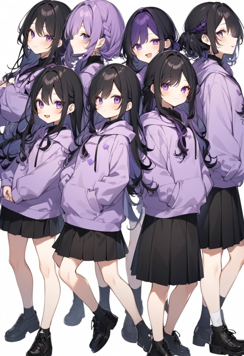 Keito。Purple hoodie。Black Skirt。Purple Eyes。Black Hair。Black shoes下。Black shoes。6 sistery eldest daughter has lavender hair.。all female。Sextuplets