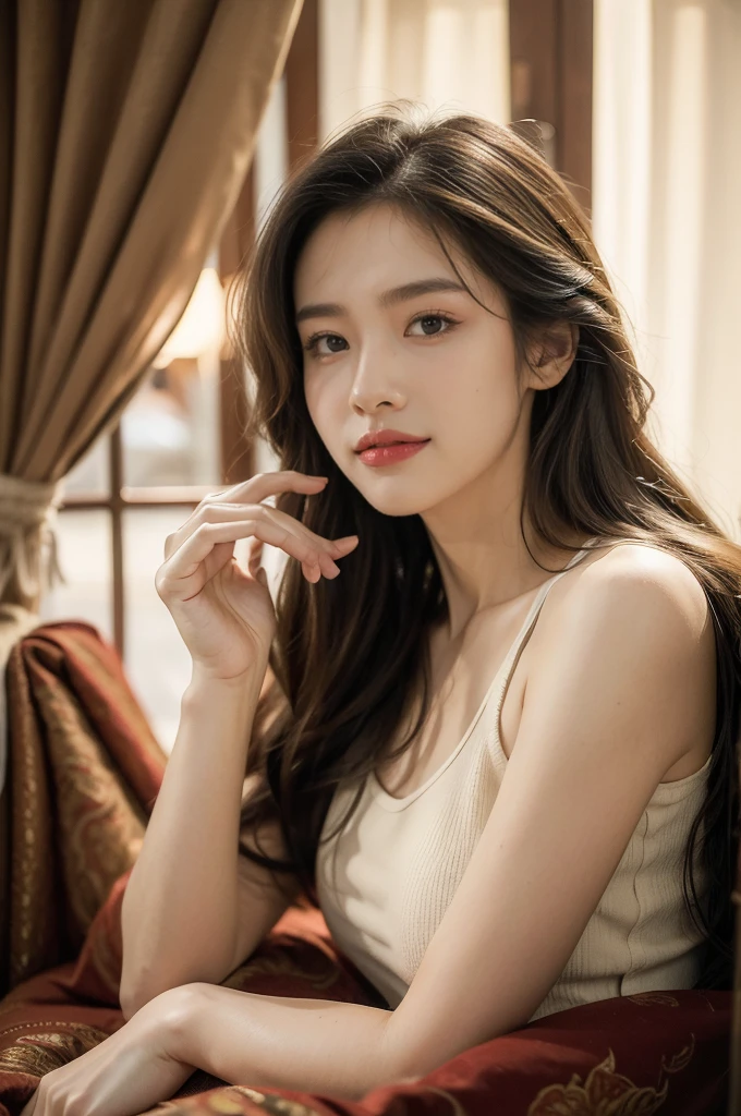 (((best quality))), (((ultra detailed))), (((masterpiece))), illustration,(((an old man and a beautiful woman))),tank top, bedroom, cozy furniture, soft warm colors, parted curtains, moonlight,wise appearance, glasses, gentle smile, warm eyes, long flowing hair, delicately shaped face, soft features, bright eyes, peaceful atmosphere, deep connection, bond, family, mentor, beloved relative, body language, comfort, familiarity, late hour, contentment, peace, sharing secrets, stories, enjoying company, stillness of the night, beautiful moment, timeless, importance of embracing loved ones, treasuring time.