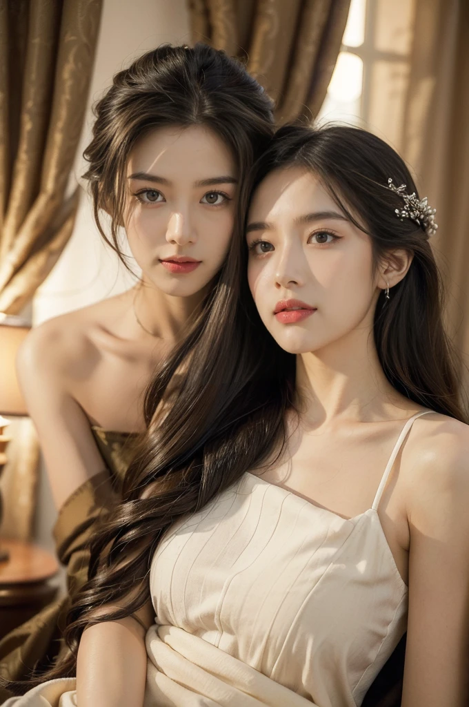 More skin, toView, Brown-eyed, (Light Brown Fringe Hair:1.2),Braided hair、The long-haired、Golden Ratio Face、Detailed eyebrows、A detailed eye、Detailed nose、Detailed mouth、Detailed hand、(Photorealsitic:1.4), (Top image quality:1.0), (超A high resolution:1.0), 8k, Raw photography, (masterpiece:0.2), (pureerosface), beautiful night, Cheerful and happy, crystal clear skies, analog style, (Skin Texture, Film grain), Cinematic Light, side lights, Ultra high resolution deep V sweater、(Big Tits:1.4), Coordinated breasts, Facial expressions waiting for a kiss,Bright lighting, from waist up