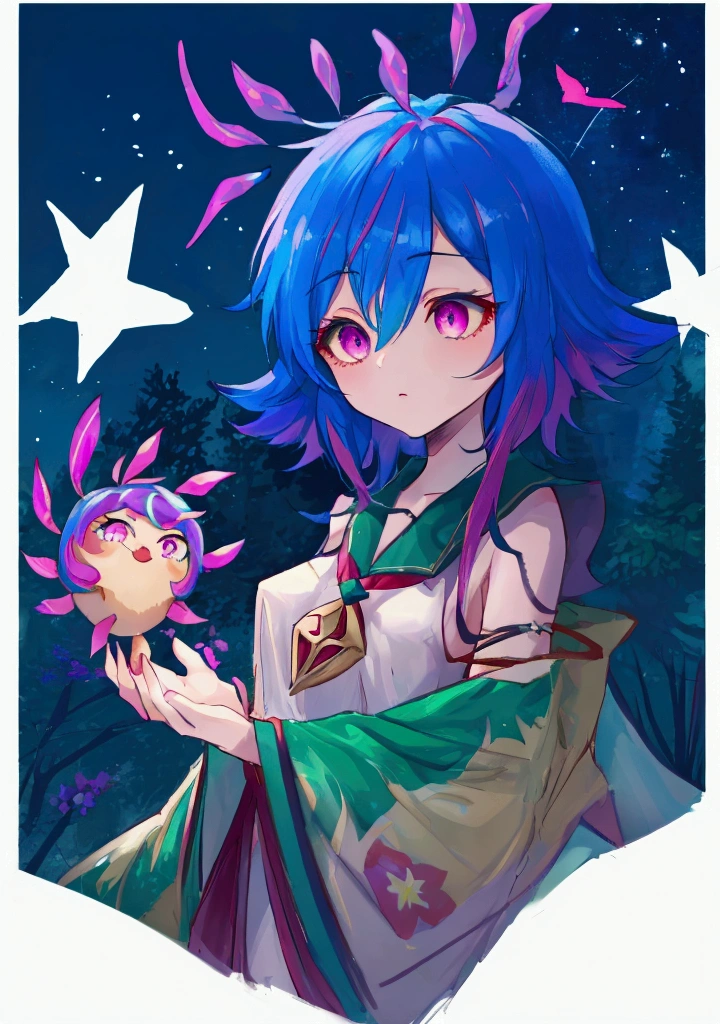 1 neeko,Alone,wide,He drowned,pink eyes,half closed eyes,small breasts,inclinación of cabeza,comforter,flower_of_Lapland_uniform,tied_shirt,Shooting Star,cropped torso,