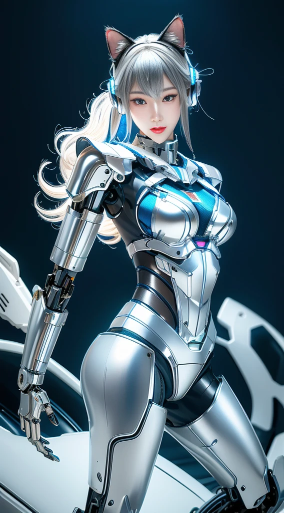 Jay super details, High Detail, high quality, best quality, High resolution，1 female robot，Beautiful female robot,beautiful clear face(Rain waves_haneame：1.5), cat robot，cat ear antenna，Learn how a cat crawls，Mechanical body(Smooth metal surface，armor，Mechanical seams of skin，beautiful body curves)，High-tech mechanical armor(silver，Mechanical Technology，Highlight breast contour)