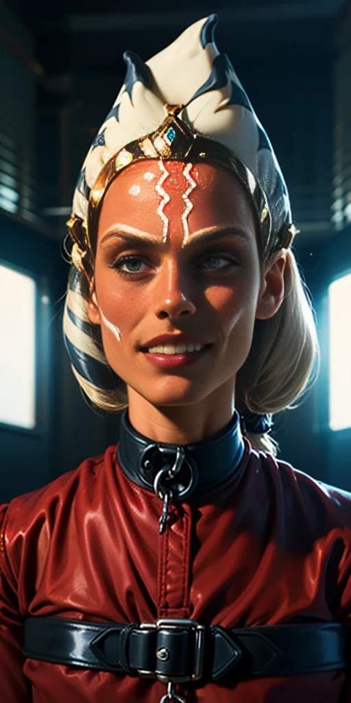 Latex ahsoka lustful smirking smile red blush red cheeks, chain leash, hands behind the head, kneeling, shackles, leather black collar slave, 2 high ponytails , orgasm_face cum