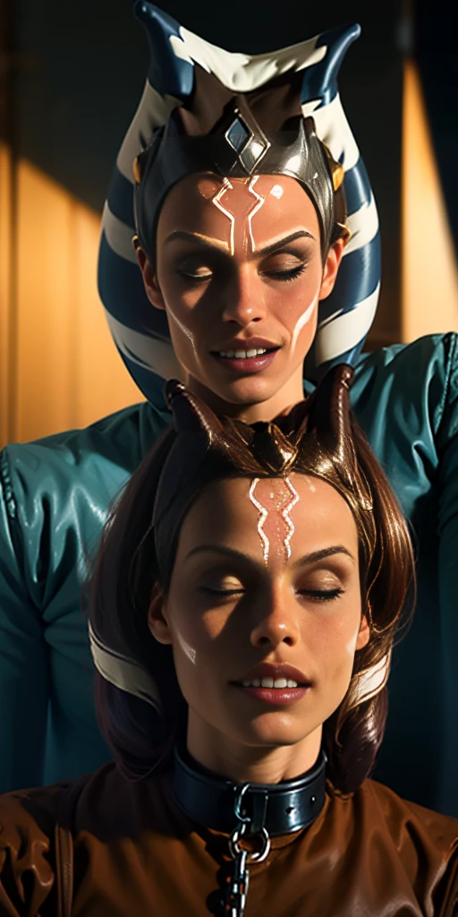 Latex ahsoka lustful smirking smile red blush red cheeks, chain leash, hands behind the head, kneeling, shackles, leather black collar slave, 2 high ponytails , orgasm_face cum