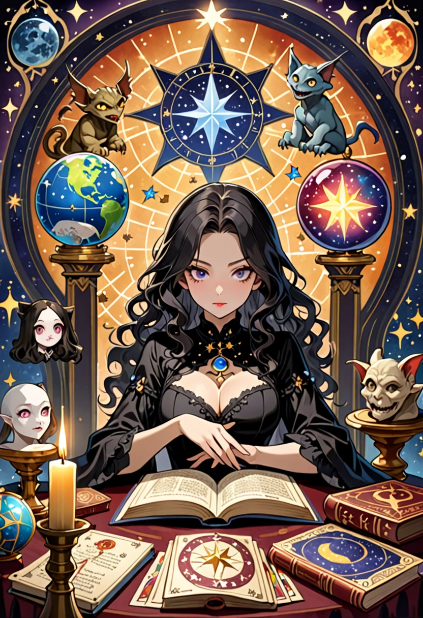 Highest quality, 16K, Unbelievably absurd, Very detailed, 2.5D, delicate and dynamic, , formal, Fortune Telling Hut, Gothic, candle, Astrology Books, Suspicious ornament, Star Chart, Thick book, Creepy Paintings, Gargoyle, A colorful celestial globe, Small face, Very delicate facial expressions, Delicate eye depiction, Upper body close-up, erotic, One sexy woman, Cool woman, black long wavy hair, Healthy body shape, 25-year-old woman, Cool woman, Height: 170cm, huge bouncing busts, astrologer, Horoscope, Tarot Cards, Suspicious look, A complex magician's outfit, Magician's outfit in chic colors, garter belt, Fishnet tights, Magician's Shoes, At the desk, Fortune telling,