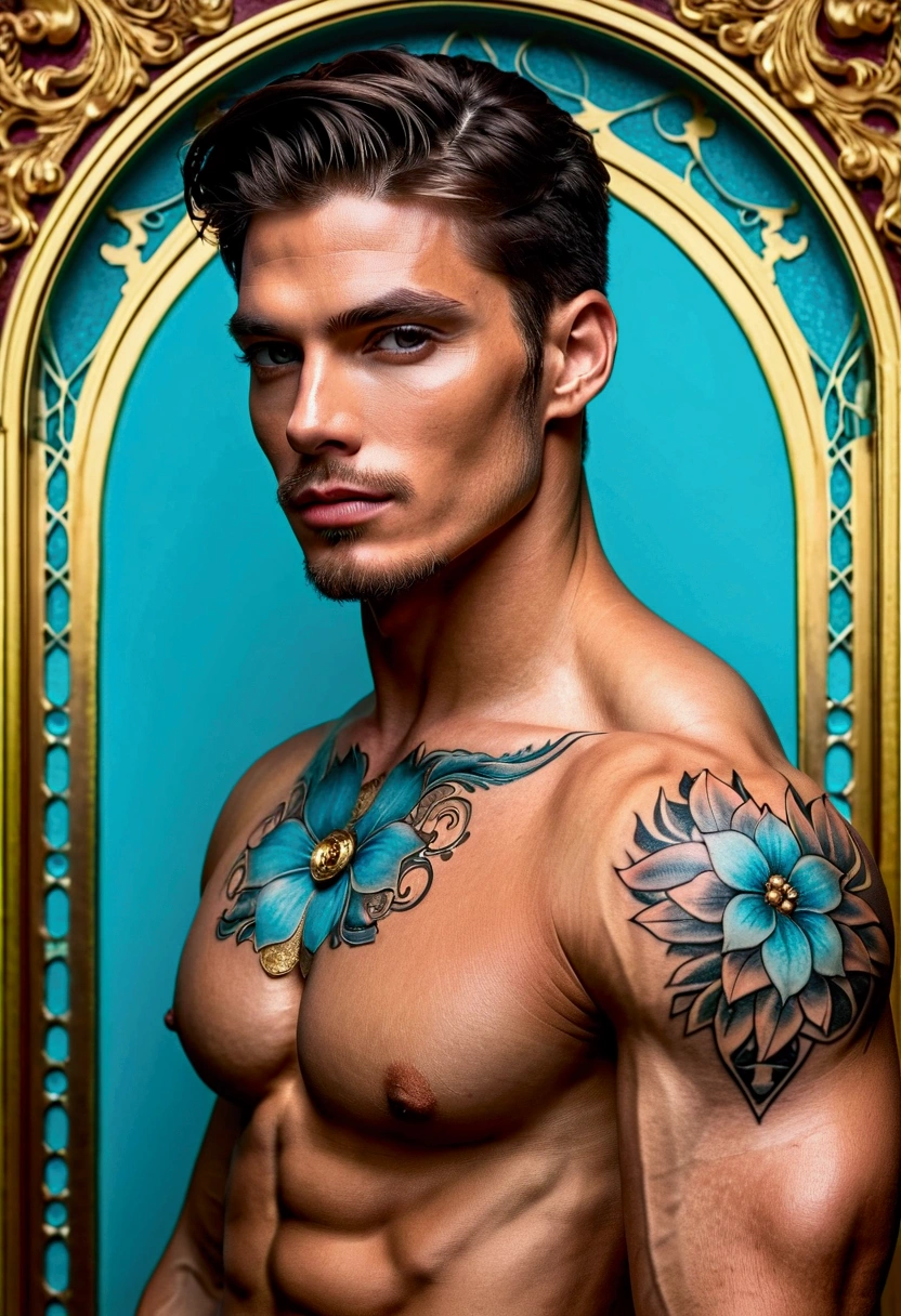 a detailed and elegant rococo oil portrait of a handsome "retrato digital altamente detalhado e hiper-realisitic de um alienígena jovem e magro de Star Trek, with bara themes, yaoi e gay, muscular and handsome physique, portrait style, instagram aesthetic, amor e arte gay, beautiful and beautiful features, muscle definition, tattoo's, illustrations in the styles of Greg Rutkowski and Alphonse Mucha." with fluid and penetrating blue eyes, Delicate facial features, wearing an ornate pastel blue dress decorated with gold details, intricate lace patterns and floral embellishments, contrasting with a golden ornate baroque style - background framed by spiral patterns and textures, high-quality, fotorrealisitic, 4K, (best qualityer, 4K, 8K, high resolution, Masterpiece artwork: 1,2), ultradetailed, (realisitic, fotorrealisitic, fotorrealisitic: 1,37), HDR, uhd, studio lighting, ultra-fine painting, sharp focus, physically based rendering, Extremely detailed description, proffesional, bright coloured, bokeh