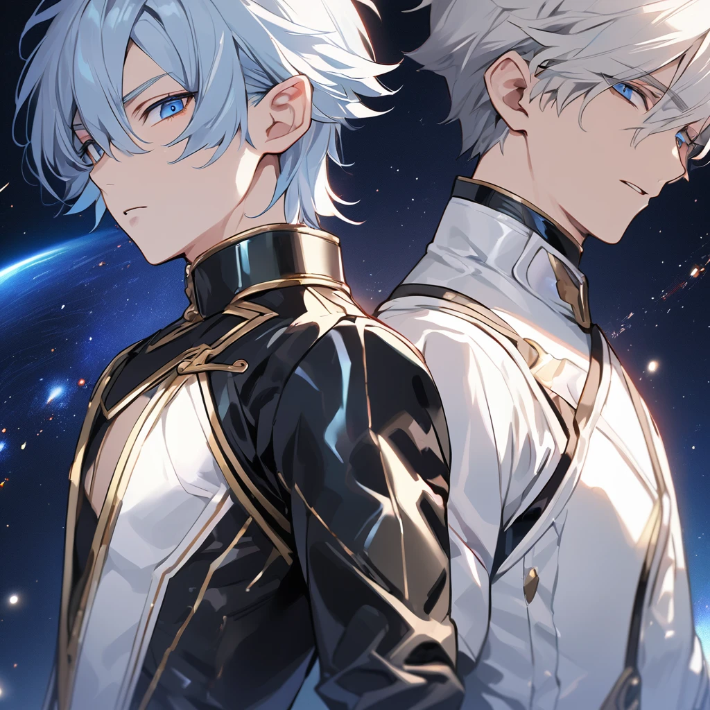 High quality, HD, 4k, no shadows, handsome male, 1male, elf, 17 years old, teenager, golden lining, Light blue platinum hair, sharp eyes, dark blue eyes, blue eyes, deep blue eyes, devil may cry, close up, calm expression, stoic expression, black leather clothes, white leather clothing, lean body, well trained body, upper body, looking at viewer, cowboy shot, white solar, space background