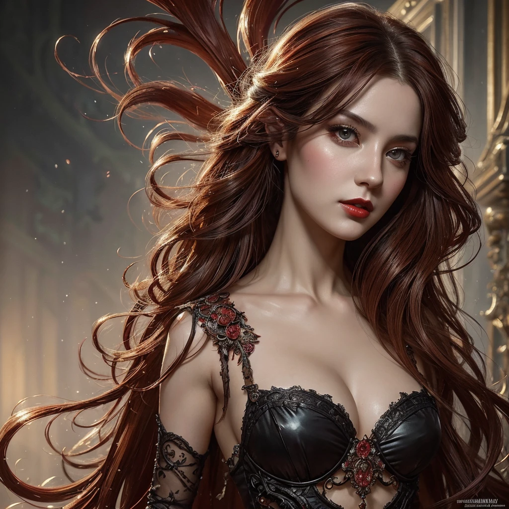 Neo-Baroque, victorian era hungarian female xix century female, hazel hair, red lips, pretty features, Wadim Kashin, James Gurney, Ink, splash art", amazing beauty, Royo, Bak, hyperdetailed Splash artmodern European ink paintingornate and elaborate, dynamic, Neo-Baroque