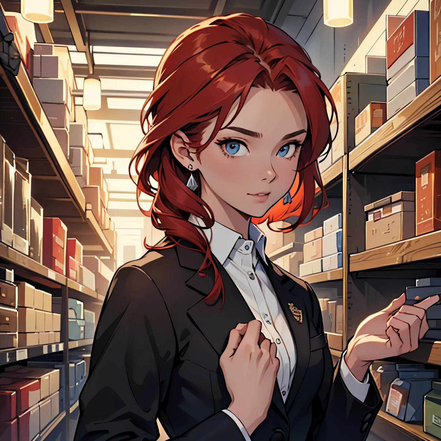 (high quality, 4k, full HD, rich details, small details, well-made face, well-made details, detailed clothing)Woman in her 20s, redhead, elegant business clothes, logistics, modern environment, modern scenery, illuminated scenery, weapons store scenery