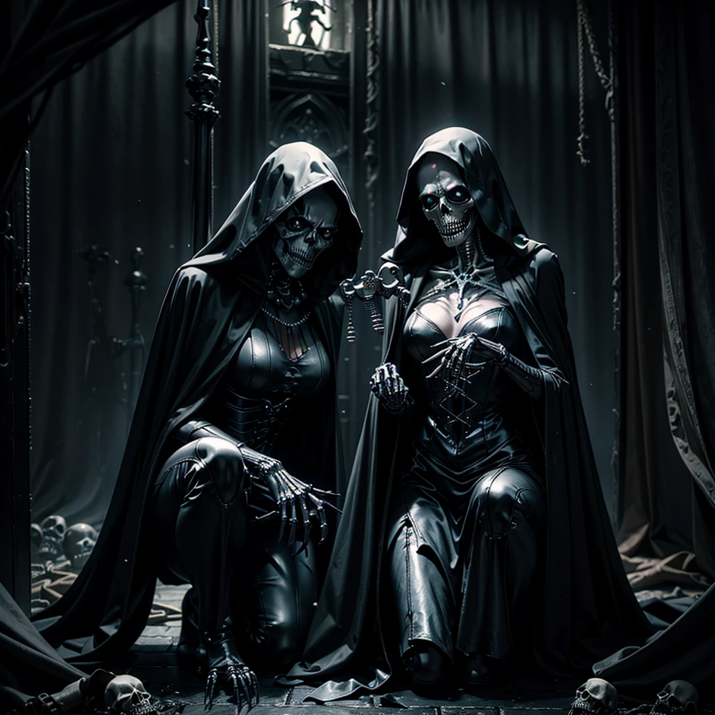 a grim reaper manipulating a skeleton like a marionette, behind the grim reaper an undead seductive woman on her knees reaching out her hand imploringly, dark moody lighting, dramatic, cinematic, chiaroscuro, gothic, horror, 8k, highly detailed, photorealistic, dramatic lighting, dark fantasy, dark atmosphere, dark colors