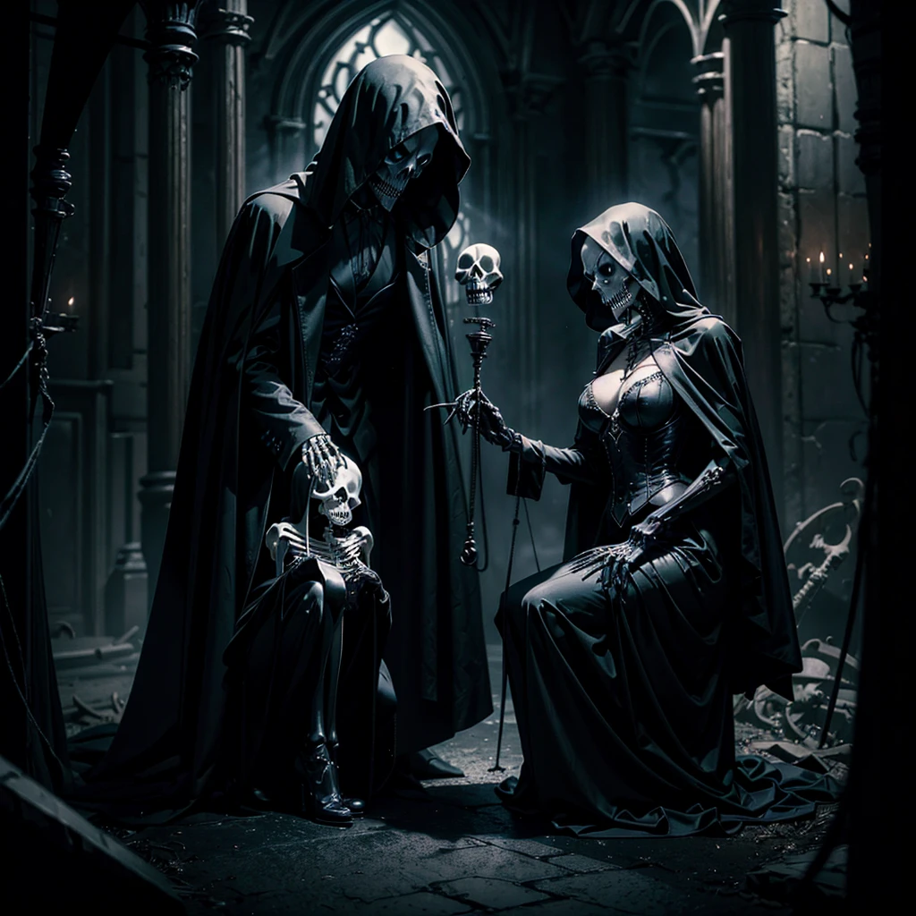 a grim reaper manipulating a skeleton like a marionette, behind the grim reaper an undead seductive woman on her knees reaching out her hand imploringly, dark moody lighting, dramatic, cinematic, chiaroscuro, gothic, horror, 8k, highly detailed, photorealistic, dramatic lighting, dark fantasy, dark atmosphere, dark colors