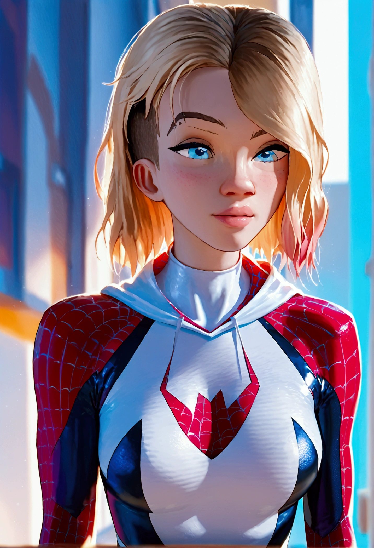 score_9, score_8_up, score_7_up, score_6_up,score_5_up,score_4_up, BREAK ,big breasts, 1girl, solo,1girl ,solo,gwen stacy,spider web print, spider gwen , body suit , superhero