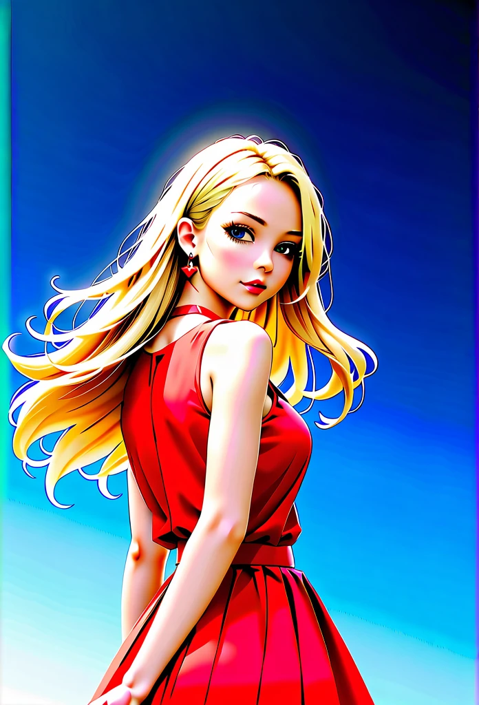 1 girl, fair_skin, ((blue_eyes)), white long hair, wearing a red summer dress, night with stars on the sky, looking at viewer, lower angle, wearing a black choker around her neck, wearing diamond earrings