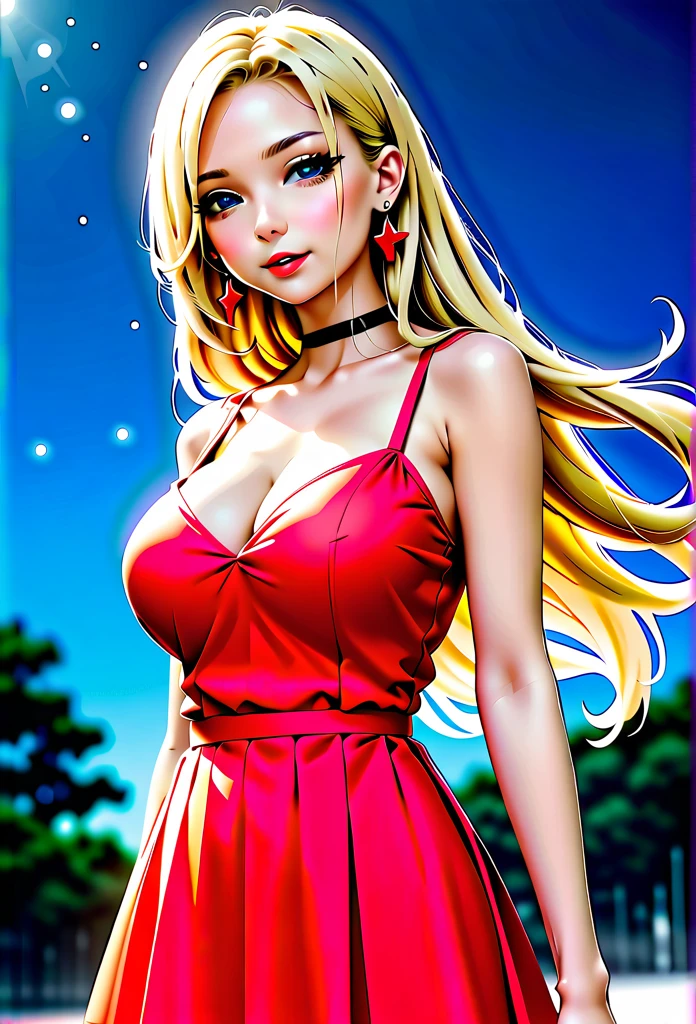 1 girl, fair_skin, ((blue_eyes)), white long hair, wearing a red summer dress, night with stars on the sky, looking at viewer, lower angle, wearing a black choker around her neck, wearing diamond earrings 