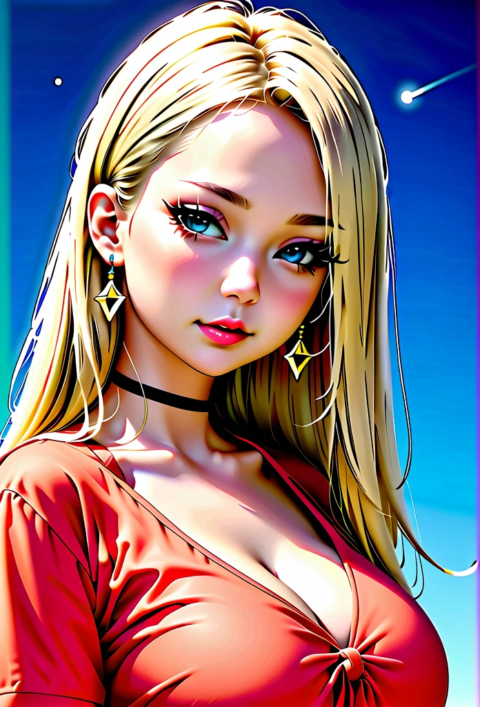 1 girl, fair_skin, ((blue_eyes)), white long hair, wearing a red summer dress, night with stars on the sky, looking at viewer, lower angle, wearing a black choker around her neck, wearing diamond earrings 