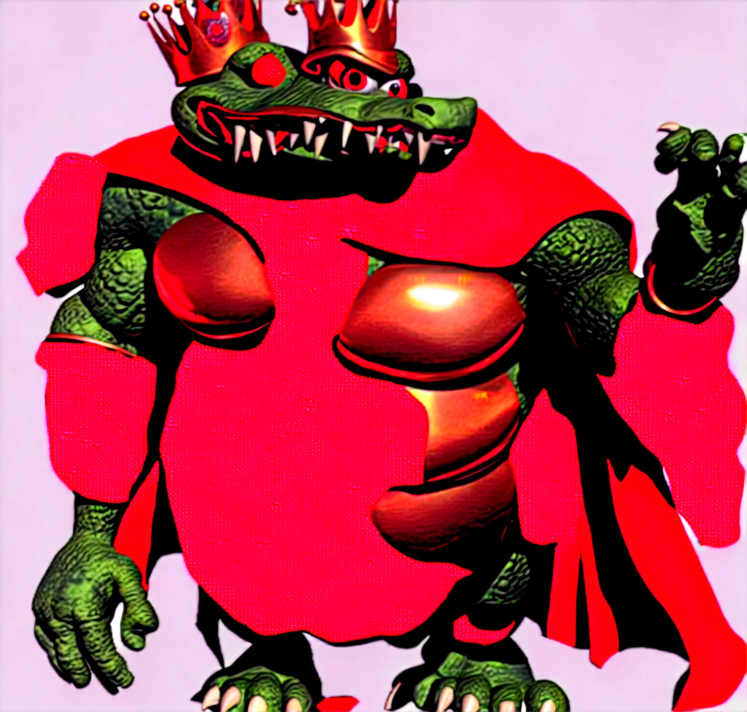 1 muscular anthropomorphic crocodile male, detailed facial features, sharp teeth, piercing red eyes, intricate scales, wide body, King K. Rool, green skin, red cape, golden crown, detailed ornaments, (best quality,4k,8k,highres,masterpiece:1.2),ultra-detailed,(realistic,photorealistic,photo-realistic:1.37),cinematic lighting,highly detailed digital art,fantasy character portrait,vibrant colors,dramatic lighting