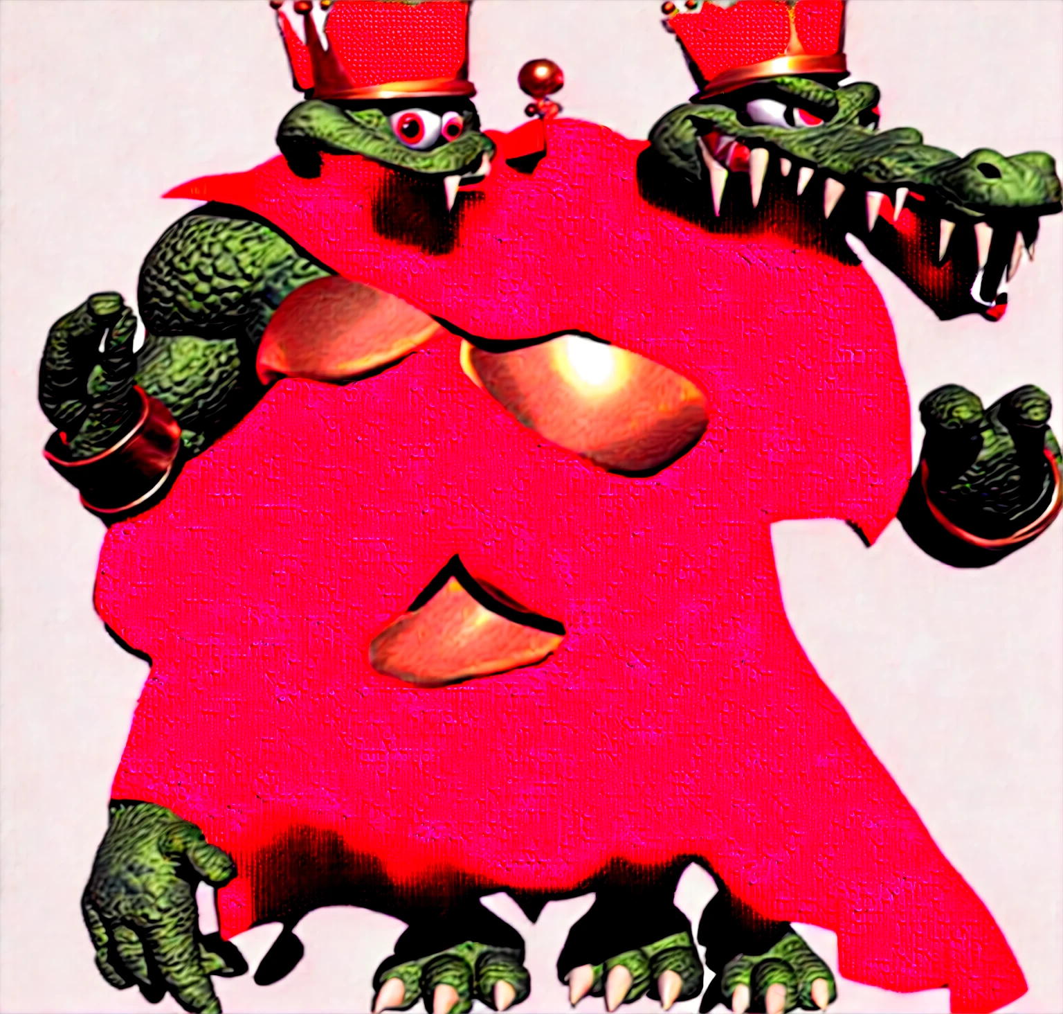 1 muscular anthropomorphic crocodile male, detailed facial features, sharp teeth, piercing red eyes, intricate scales, wide body, King K. Rool, green skin, red cape, golden crown, detailed ornaments, (best quality,4k,8k,highres,masterpiece:1.2),ultra-detailed,(realistic,photorealistic,photo-realistic:1.37),cinematic lighting,highly detailed digital art,fantasy character portrait,vibrant colors,dramatic lighting