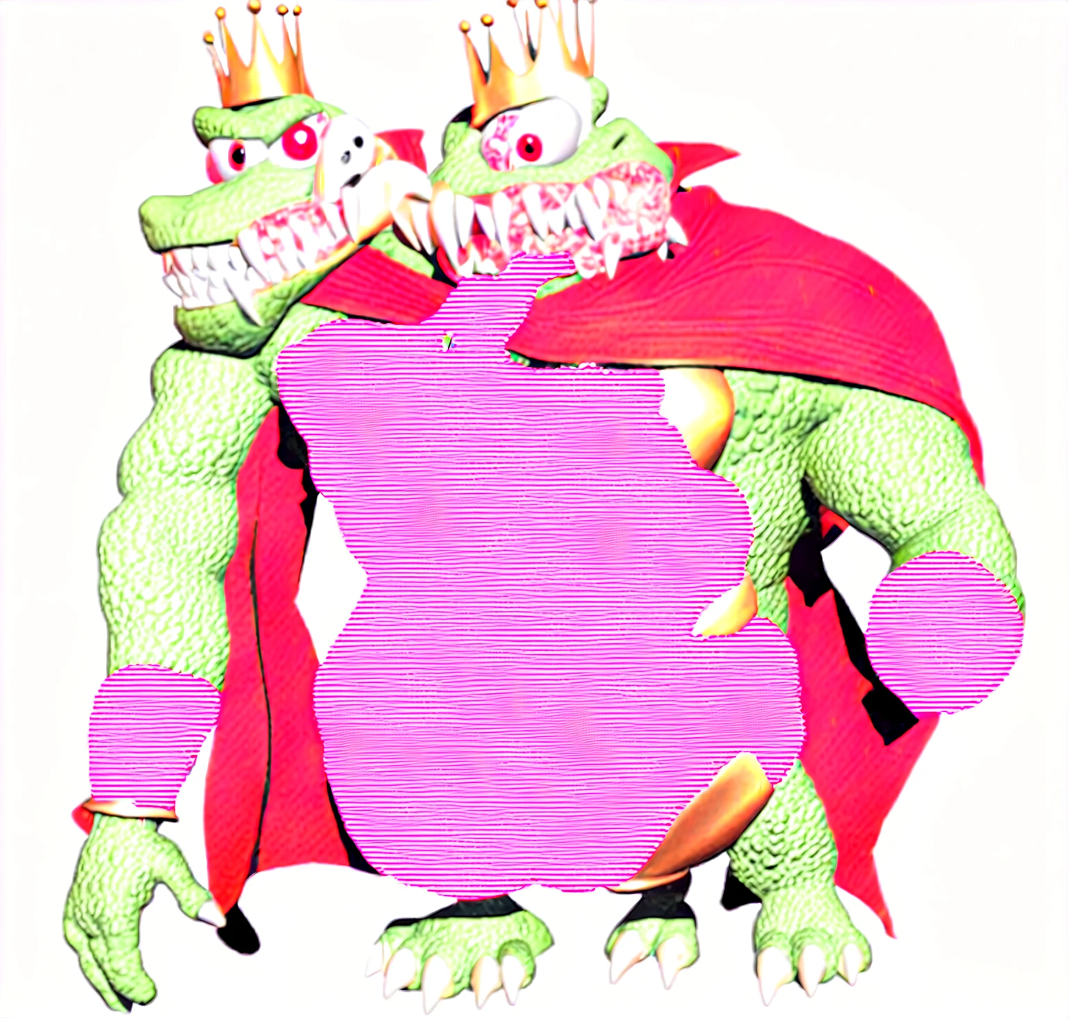 1 muscular anthropomorphic crocodile male, detailed facial features, sharp teeth, piercing red eyes, intricate scales, wide body, King K. Rool, green skin, red cape, golden crown, detailed ornaments, (best quality,4k,8k,highres,masterpiece:1.2),ultra-detailed,(realistic,photorealistic,photo-realistic:1.37),cinematic lighting,highly detailed digital art,fantasy character portrait,vibrant colors,dramatic lighting