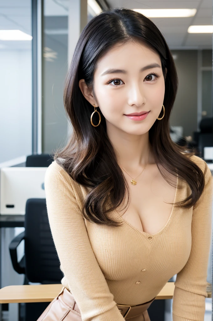company office,executive secretary,okinawa,((full body)),((photo)),((best qualtiy, 8K, tmasterpiece:1.3)), Focus:1.2, perfect figure beautiful girl:1.4,1girl,cowboy shot,look at viewer, eyes facing the camera,incredibly absurd, beautiful and cute girl with a photorealistic face, showcasing top-quality craftsmanship, Japanese woman working in an office, 22 years old, hairstyle is black bob hair, inward curling hair reaching the jaw line, thin and soft hair, wide forehead with beautiful hairline, thin eyebrows, large almond-shaped eyes, light brown eyes, long eyelashes, double eyelids, straight nose, small lips, smile with upturned corners, fair and translucent skin, plump cheeks, cute impression, glamorous, tall, well-balanced proportions, large E-cup breasts, beige V-neck knit, white tight skirt, heeled pumps, pearl necklace and earrings, small bag, gold watch, beautiful, pretty older woman, neat, serious, hardworking, kind, considerate, highly trusted by those around her, April