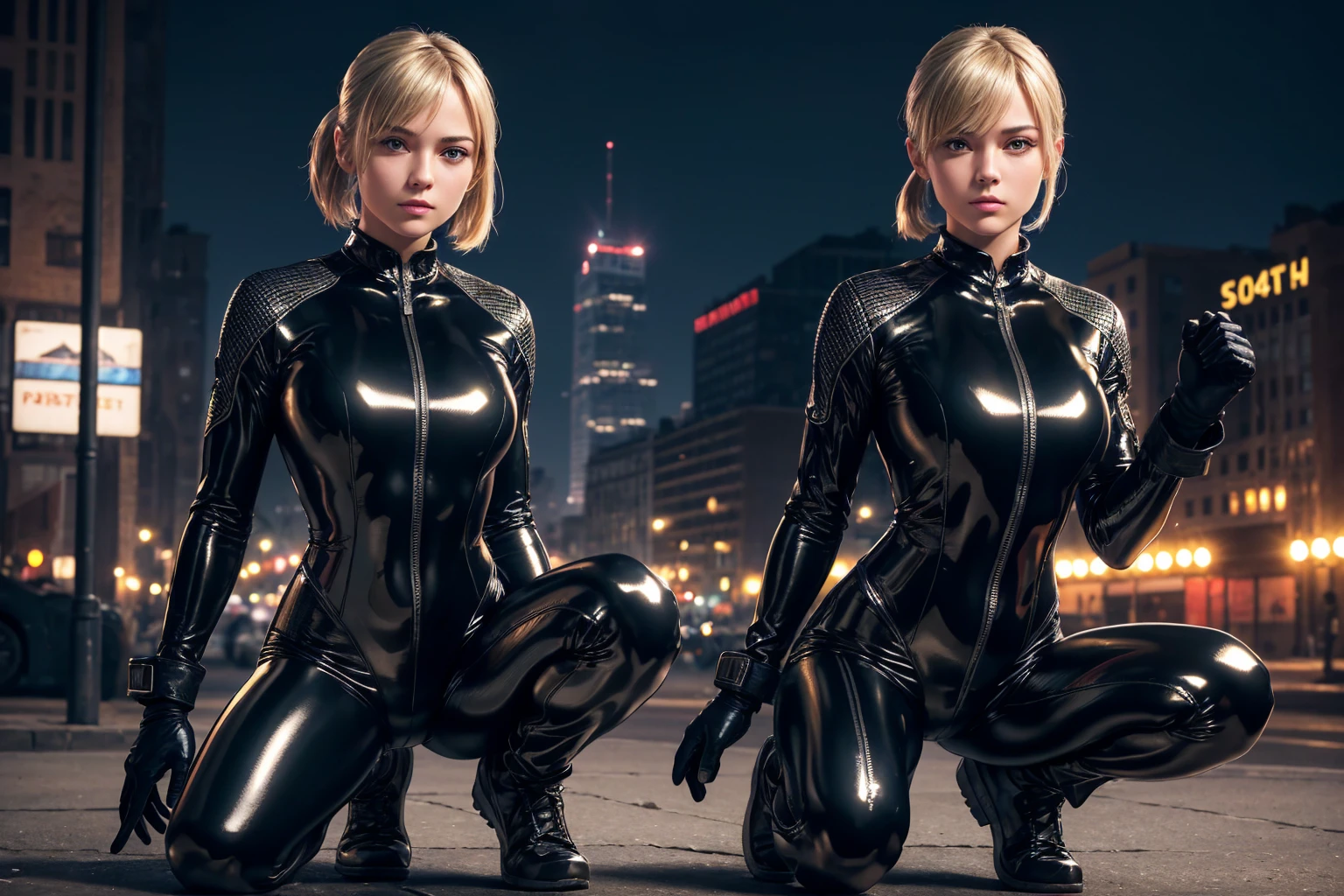(best quality,4K,8k,high resolution,masterpiece:1.2),Ultra-detailed,(realistic,photorealistic,photo-realistic:1.37), RUSSIAN female fighter with slim physique and small face, cute, 2 girls, 18 years old, Kneeling pose, BLONDE LONG BOB CUT with ponytails hair, shiny black tight-fitting combat latex suit with enamel finish, tight suit, gloves, Steel city background, night lighting

