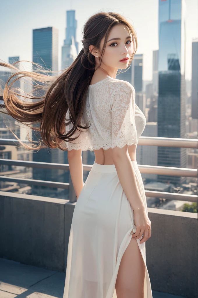 {{{Ultra Detail}}}, {{{realistic}}}, {{{depth of field}}}, full body, from side, head tilt, incredibly detailed, longuette, 1 girls, 30 years old, very long hair, curly hair, high ponytail, light brown hair, beatiful detailed hair, Perfect face, Delicate arms and hands, slim legs, white skin, piercing, oversized clothes, large top sleeves, black trousers, open clothes, cityscape, delicate background, blurry background, an extremely delicate and beautiful, {{{wallpaper 8k CG}}}, {{{best quality}}}, {{{best masterpiece}}},