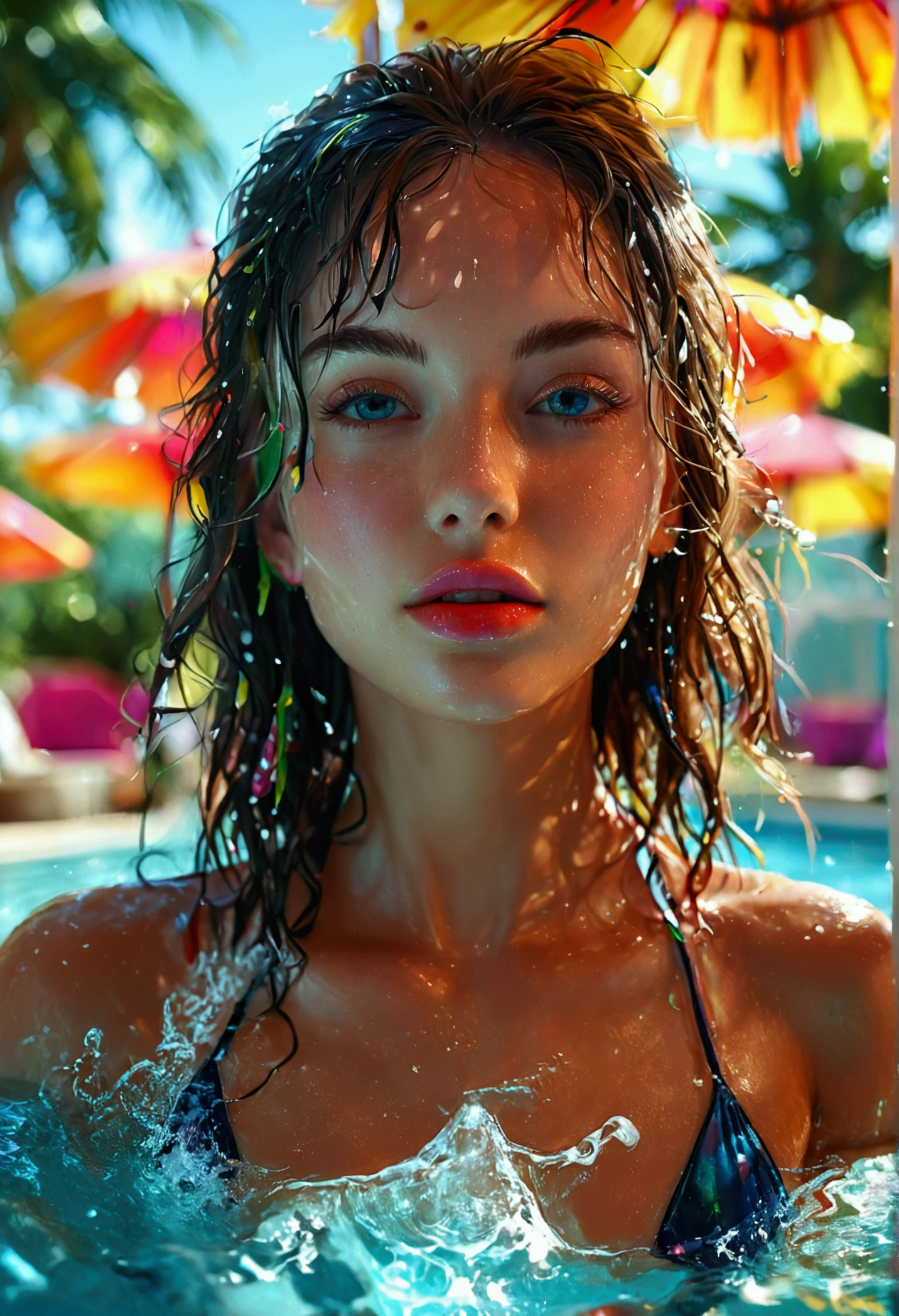 a beautiful girl in a bikini at a pool party, detailed face, full body shot, detailed eyes, detailed lips, wet skin, water splashing, tropical plants, palm trees, flower fruits party cap, sun shining, vibrant colors, stunning 4k, photorealistic, highly detailed