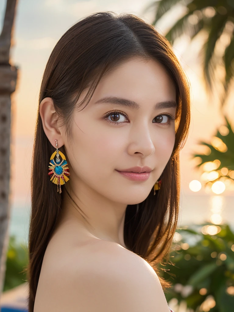 (((only 1 woman))), (highest quality, 8K, masterpiece :1.3),
keen focus, Bewitching, friendly, whole upper body, full upper body portrait, perfect nude body, perfect nude breast,
, 1 person, (Half Japanese and half Russian), Beautiful actress face,
Smooth body :1.3, exemplary body shape:1.5, Perfect style:1.4, subtle smile, casual, sitting on a tropical beach bar at sunset, side view
, pretty colorful ethnic feather earrings, award winning foto, trending on artstation, 16k resolution, intricate details, masterpiece,