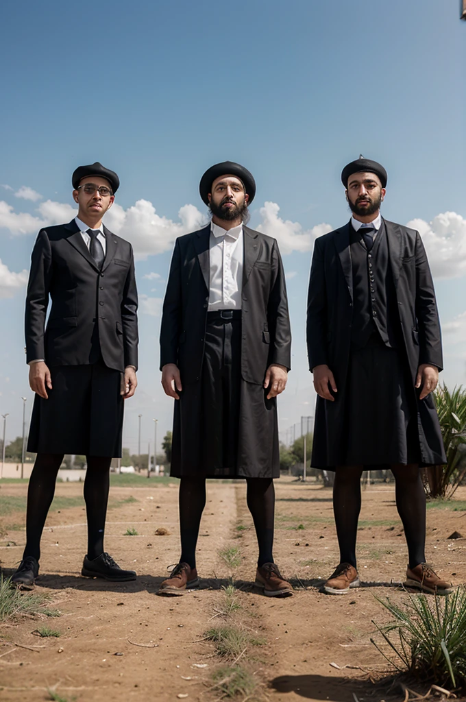 Twelve ultra-Orthodox Jewish people are scared and in their imaginations there are grasshoppers and they are standing in front of three giant Gentiles who are as tall as the sky