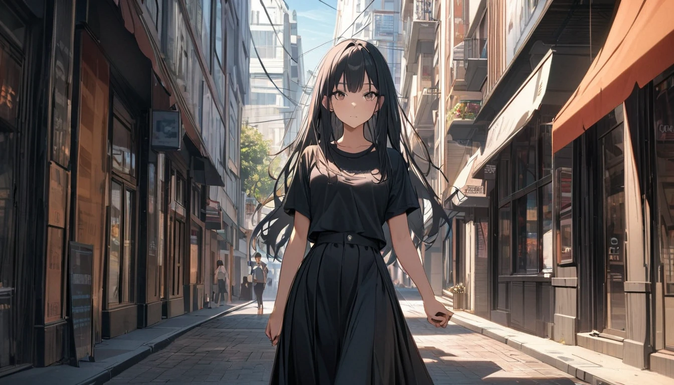 One girl, Black and long straight hair, Sharp Hair, ((Extending his right hand to the viewer)), Facial Contour, Recall, skirt,T-Shirts,skirt, In the city, On the sidewalk, noon, bright, High resolution, Very delicate, Super detailed, 8K(((Holding hands)))