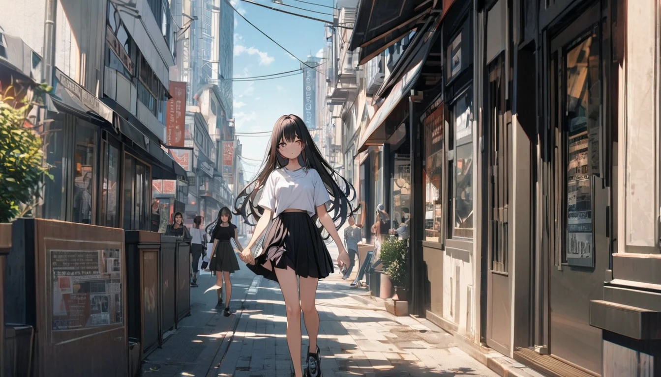 One girl, Black and long straight hair, Sharp Hair, ((Extending his right hand to the viewer)), Facial Contour, Recall, skirt,T-Shirts,skirt, In the city, On the sidewalk, noon, bright, High resolution, Very delicate, Super detailed, 8K(((Holding hands)))