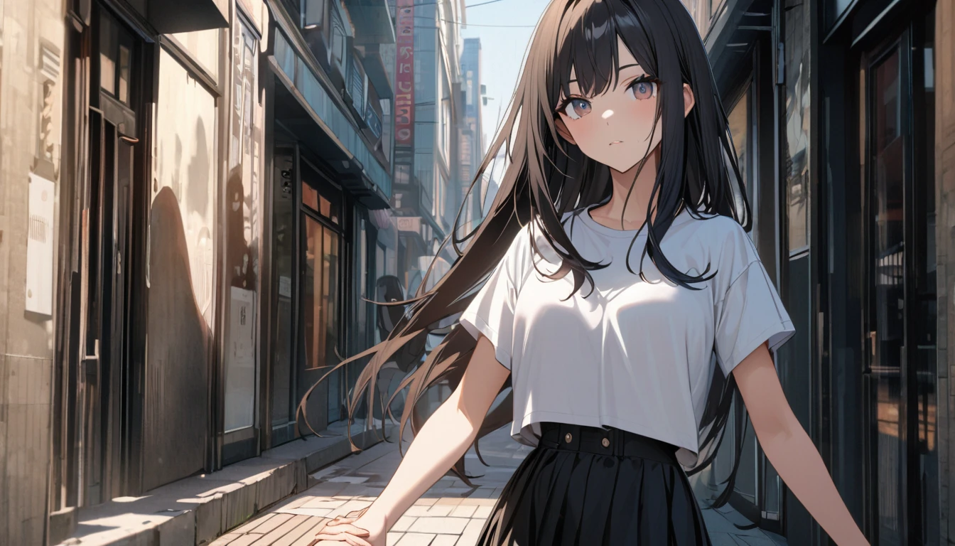 (8K, Raw photo, Highest quality, masterpiece:1.2), One Girl, kind,3 days,Black-haired、Long-haired、Backward view、Short sleeve、mini skirt、Asian,  School zone、(Skirt swaying in strong wind:1.2)、Laughter、Rotated、Dynamic Movement
