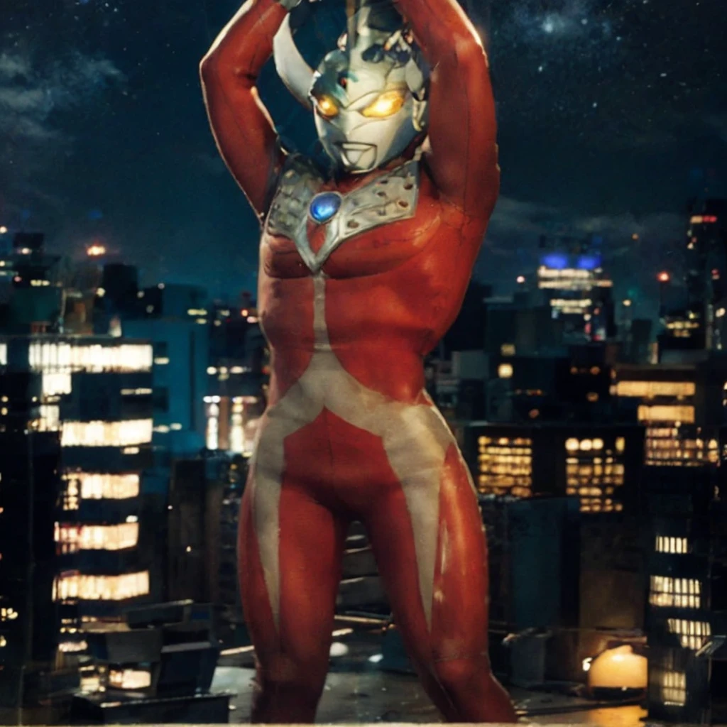 Put arms together and emit rays,40m tall Giant superhero Ultraman Taro,standing on Tokyo Japan in the dark,The same size as the building,tall and slim, portrait, fighting pose, photo high quality, realistic photo, night scene,silver helmet, glass hemisphere on chest glows, yellow eyes, forehead lamp glows,martial arts pose, slim body,long limbs,4K