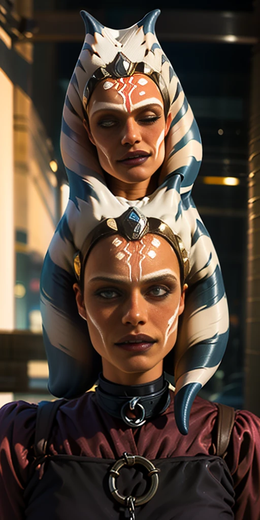 Latex ahsoka lustful smirking smile red blush red cheeks, chain leash, hands behind the head, kneeling, shackles, leather black collar slave, 2 high ponytails , orgasm_face cum