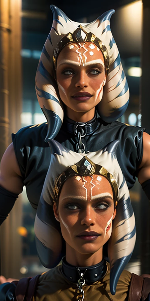 Latex ahsoka lustful smirking smile red blush red cheeks, chain leash, hands behind the head, kneeling, shackles, leather black collar slave, 2 high ponytails , orgasm_face cum