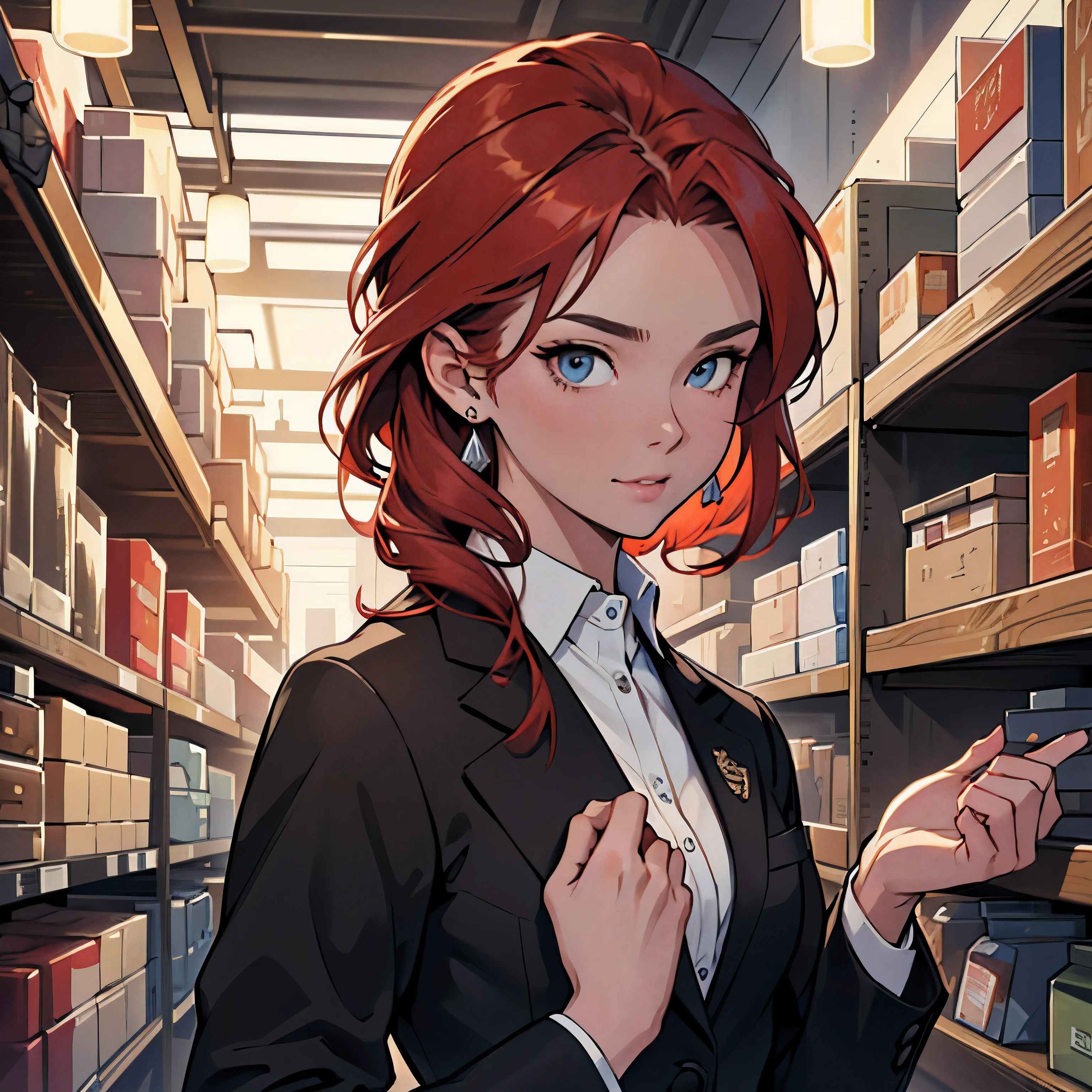 (high quality, 4k, full HD, rich details, small details, well-made face, well-made details, detailed clothing)Woman in her 20s, redhead, elegant business clothes, logistics, modern environment, modern scenery, illuminated scenery, weapons store scenery