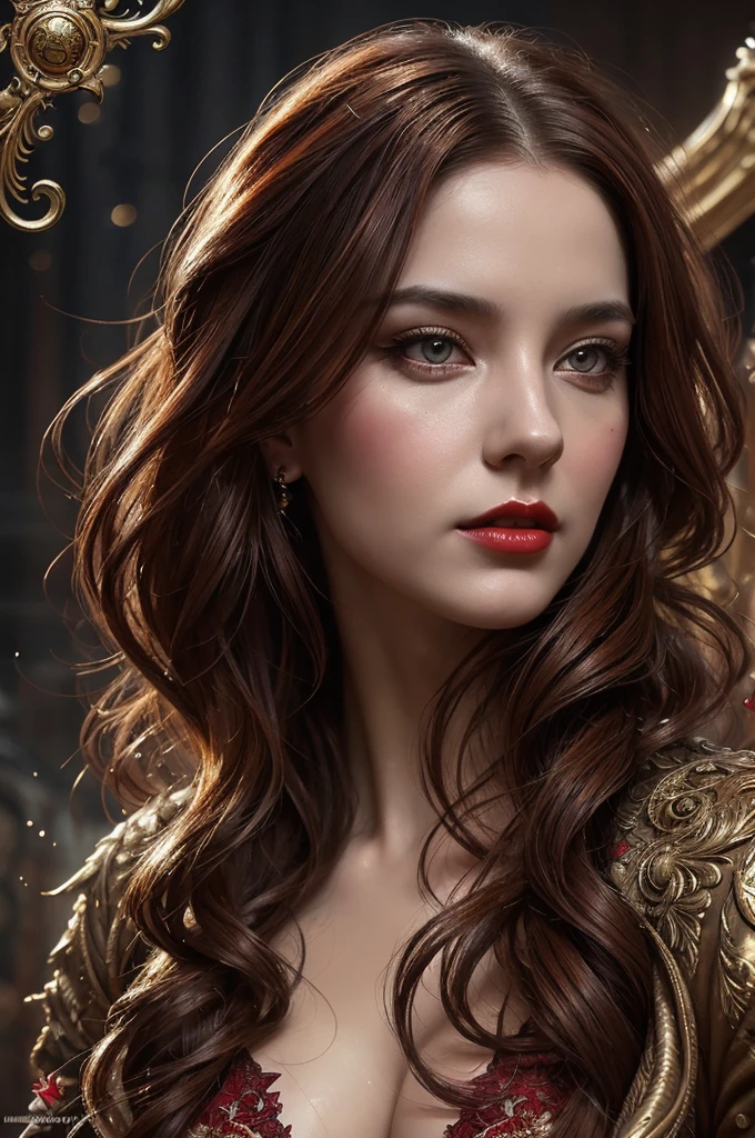 Neo-Baroque, victorian era hungarian female xix century female, hazel hair, red lips, pretty features, Wadim Kashin, James Gurney, Ink, splash art", amazing beauty, Royo, Bak, hyperdetailed Splash artmodern European ink paintingornate and elaborate, dynamic, Neo-Baroque